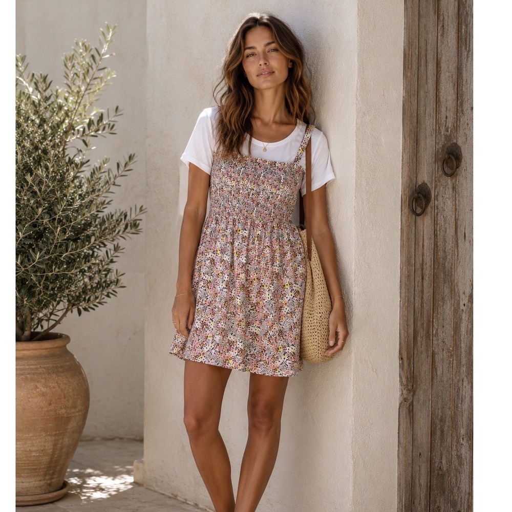 Nation LTD Smocked Sundress Women S Multicolor Floral Pockets Adjustable Straps